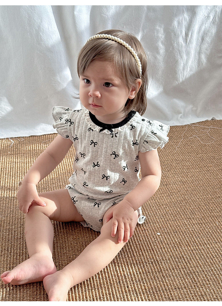 Baby Girl Bow Print Ribbed Cotton Romper with Flutter Sleeves
