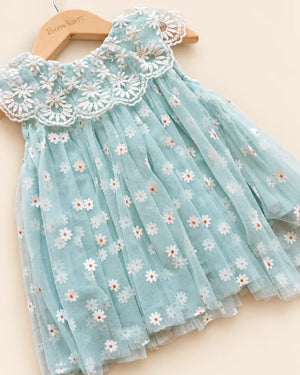 Floral daisy frock in mint green and blush pink with an embroidered lace collar