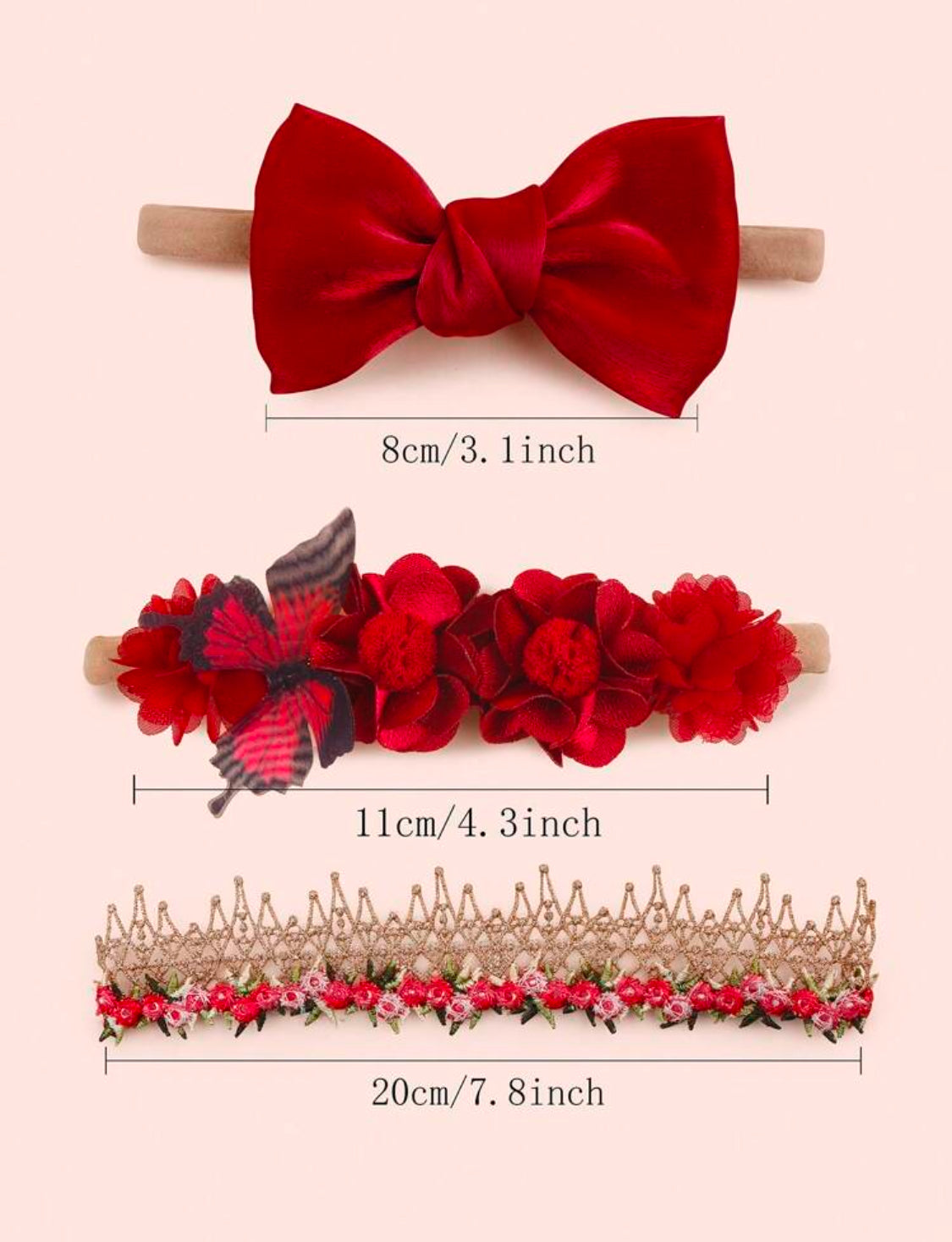 3 Pcs Red Floral Bow