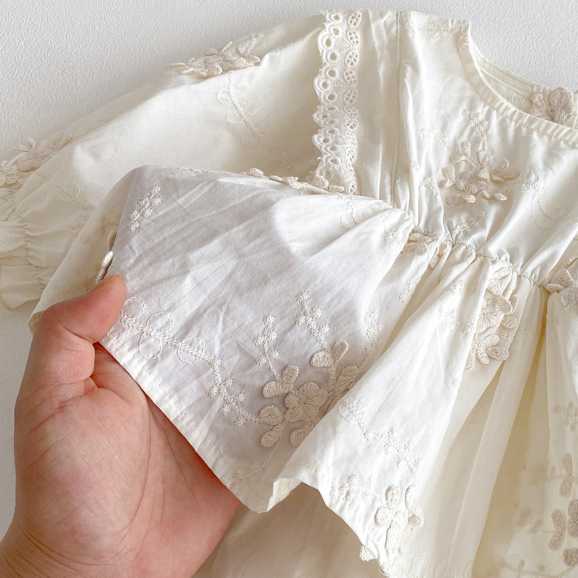 Ivory Floral Embroidered Cotton Romper Dress for Baby Girls