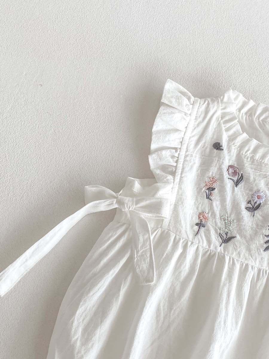 White Floral Embroidered Cotton Romper for Baby Girls