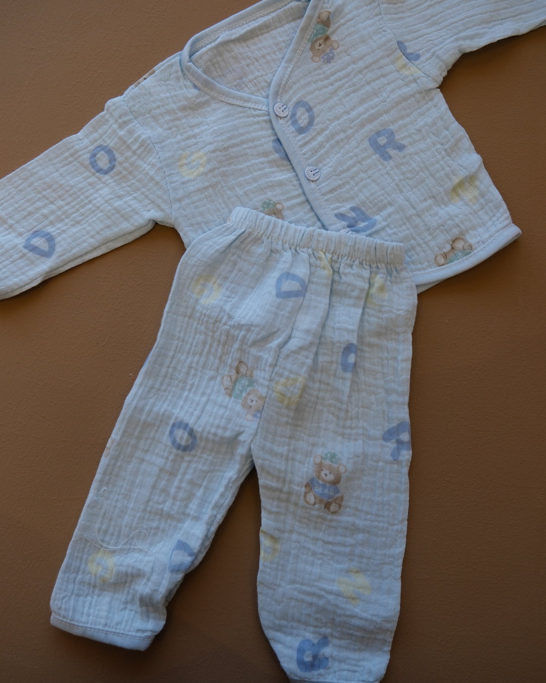 Pale blue baby clothing set with bear and letter prints