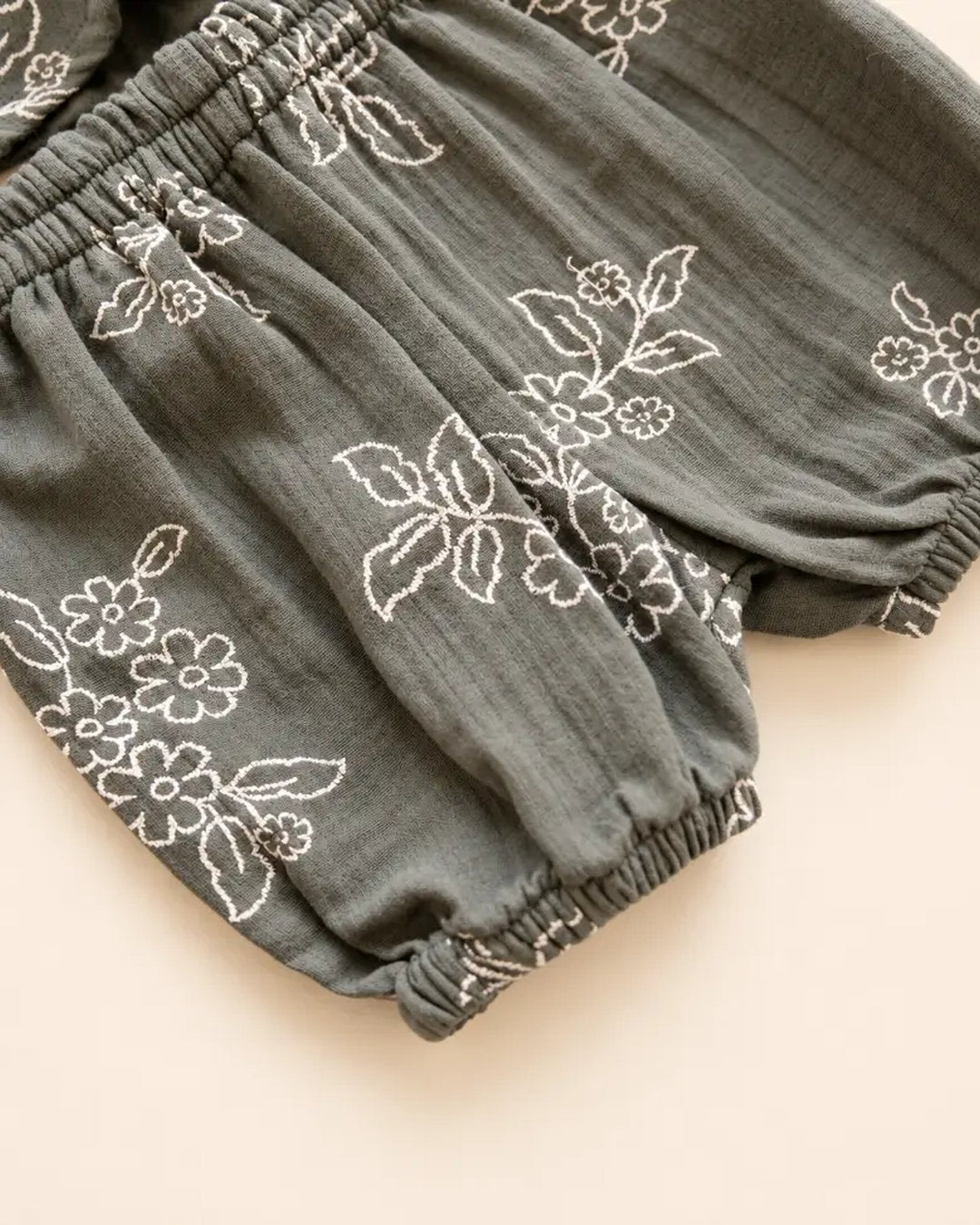 Dark olive green floral embroidered top and trouser set with white lace collar