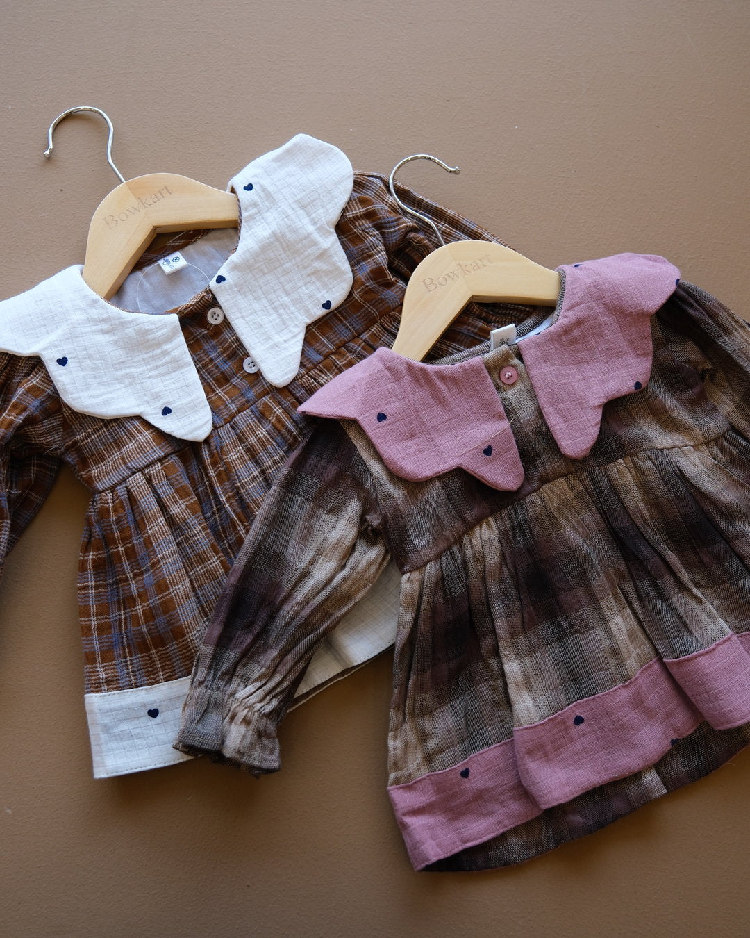 Baby plaid frock with contrasting Peter Pan collar and gathered skirt