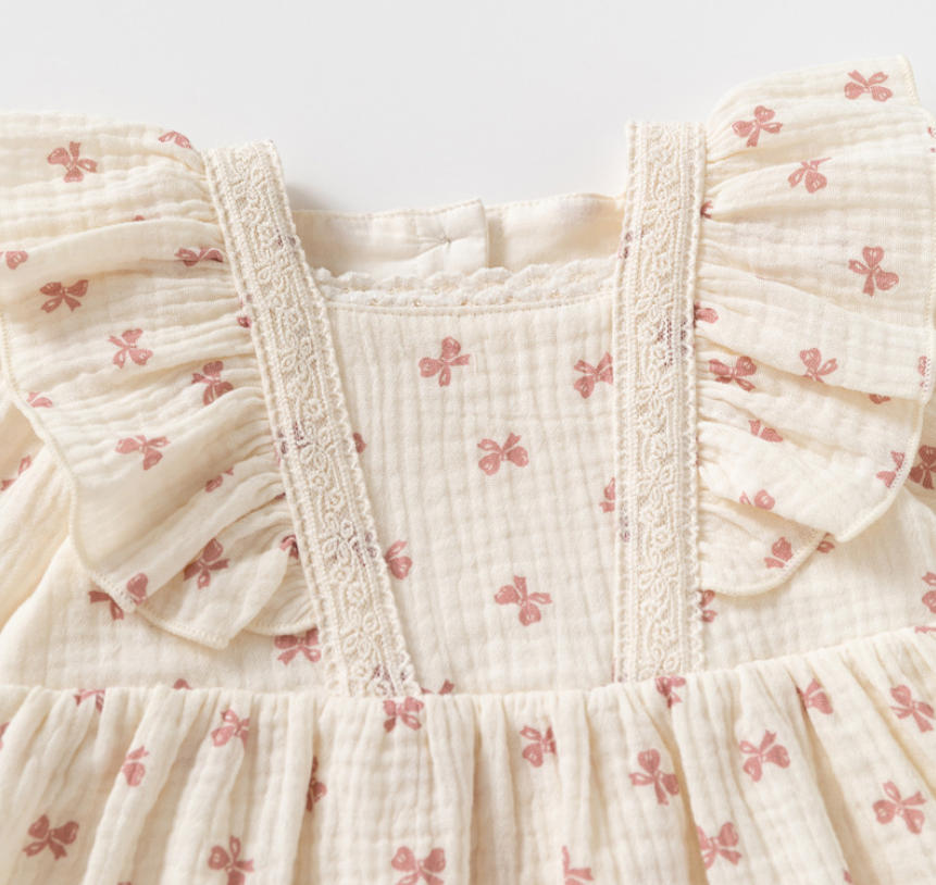 Baby Girl Cotton Muslin Bow Print Romper