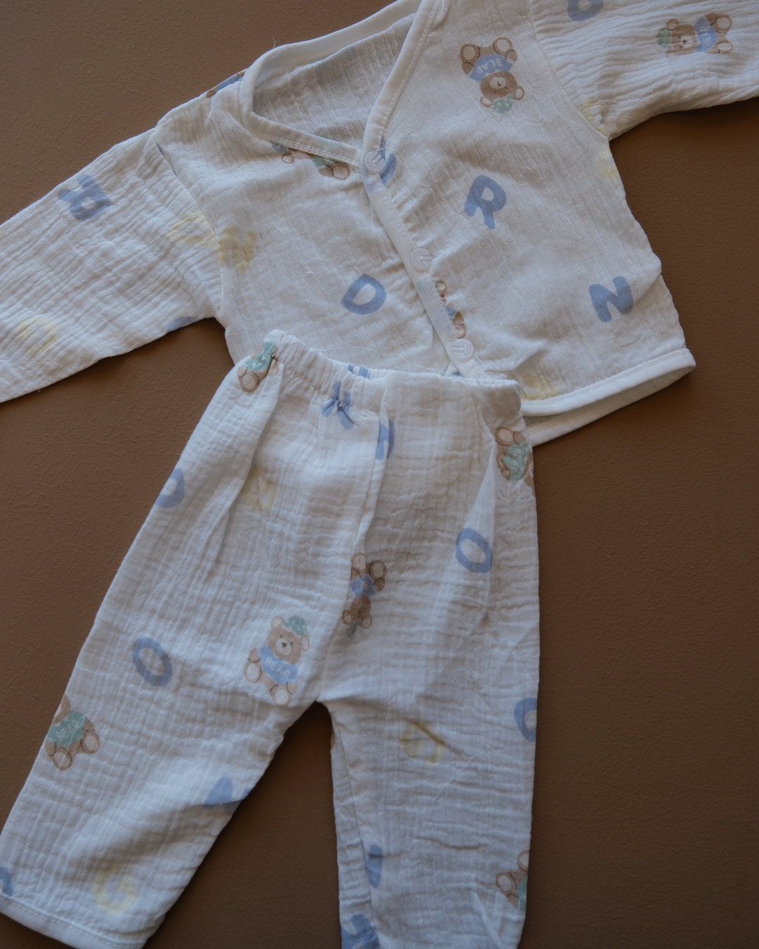Pale blue baby clothing set with bear and letter prints