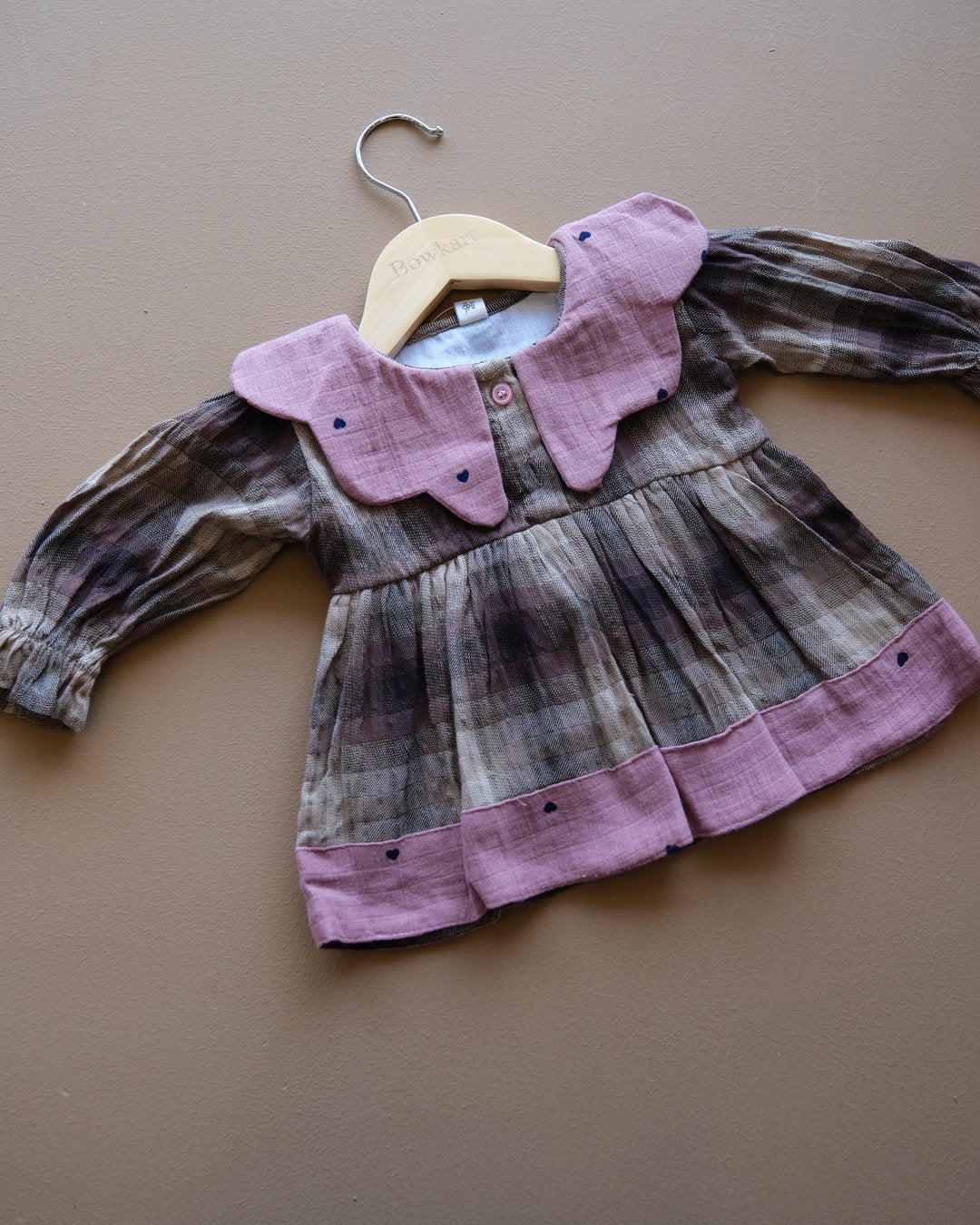 Baby plaid frock with contrasting Peter Pan collar and gathered skirt