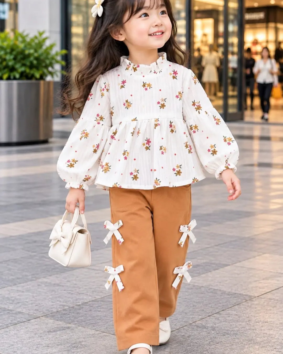 Child wearing a printed long-sleeve bow cord set with coordinating pants