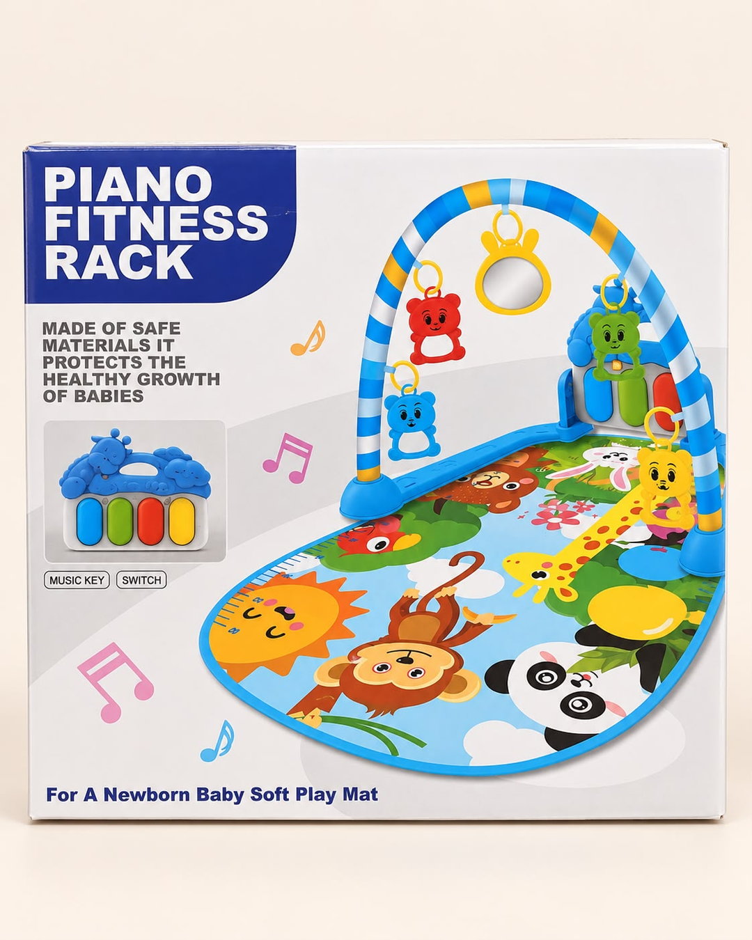 Colorful musical baby play mat with animal print, hanging toys, and piano keys