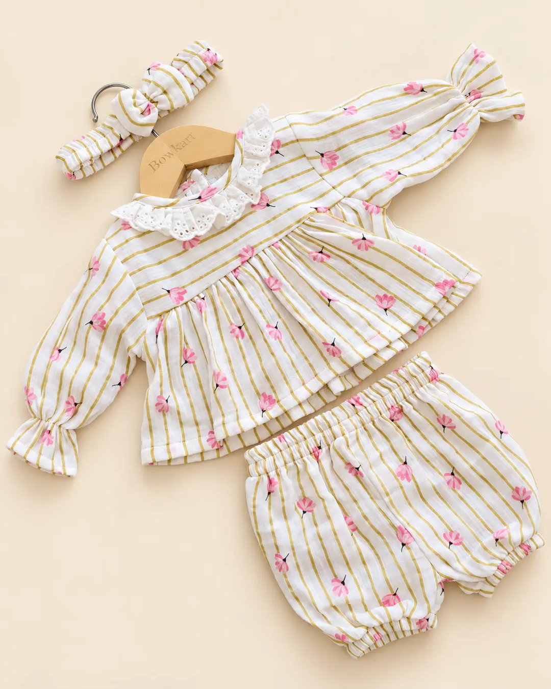 White floral stripe girls frock set with matching bloomers and headband