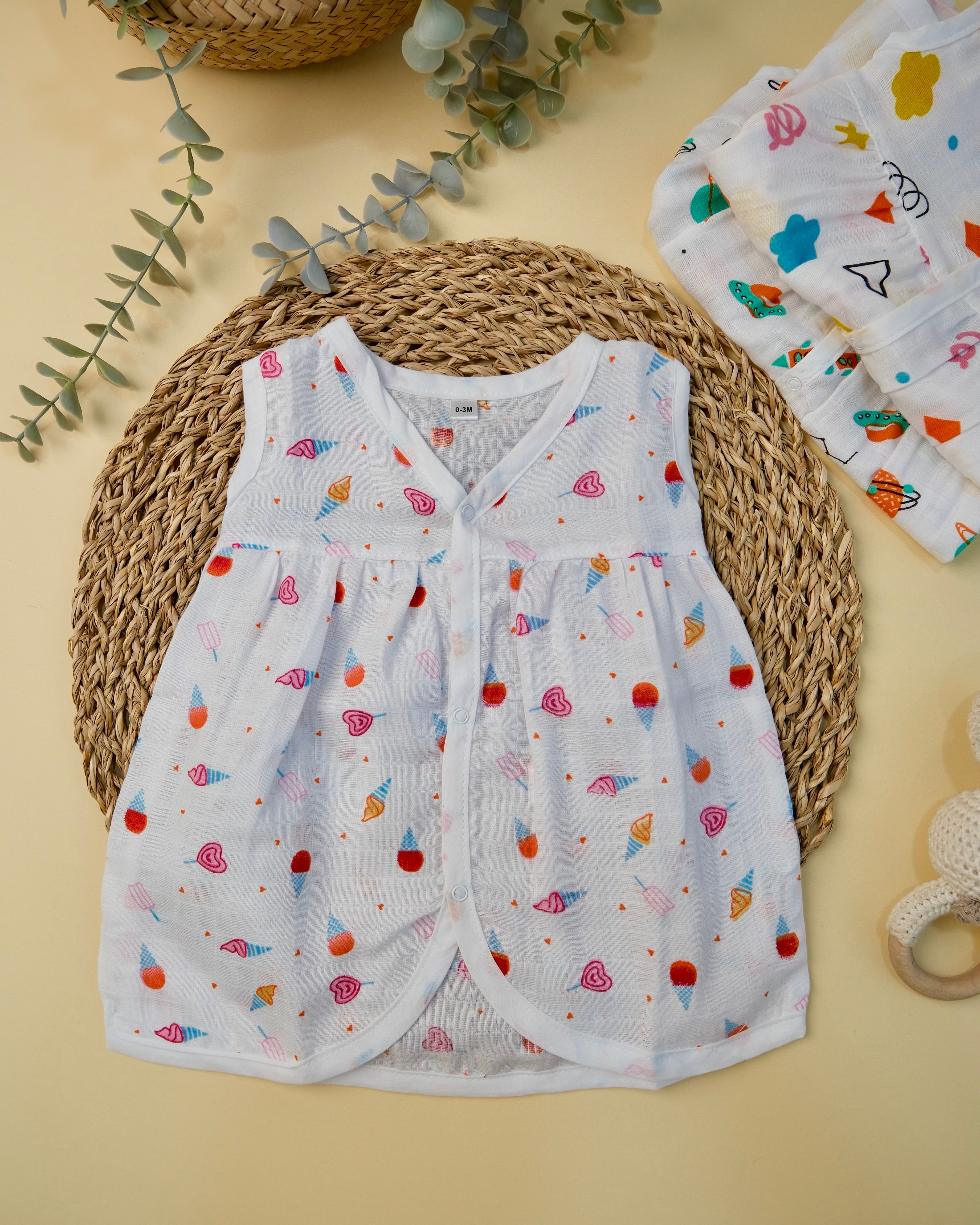 Sleeveless Frock with button Assorted