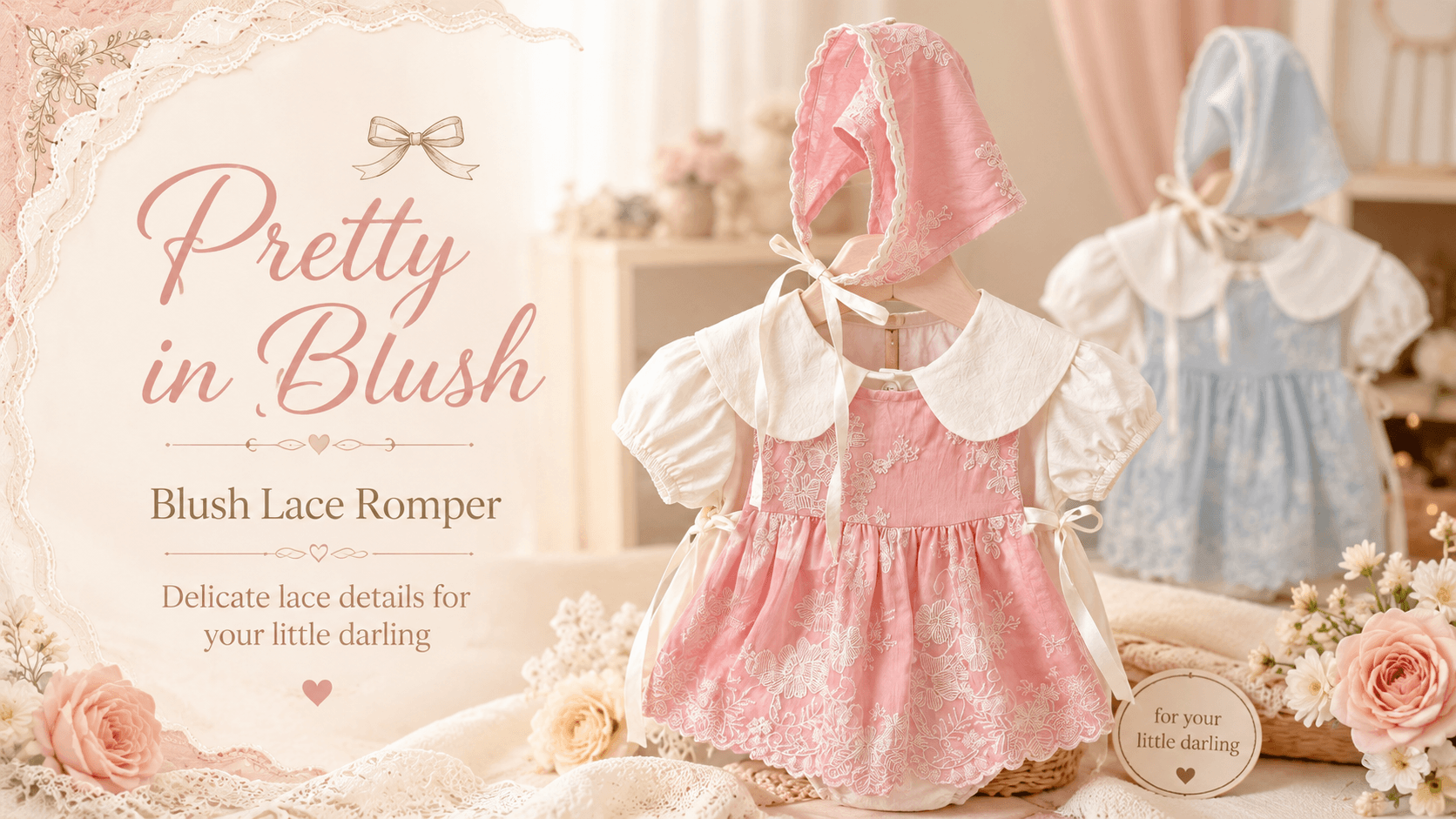 A baby girl's lace romper dress in soft blush pink, styled with a matching bonnet, set against a warm, vintage-inspired nursery background. A second blue version of the romper is visible in the background.