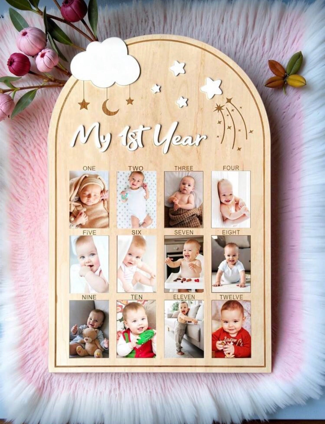 Baby Milestone Wooden Cloud Cards – 1-12 Months Photo Props & Keepsake | Bowkart