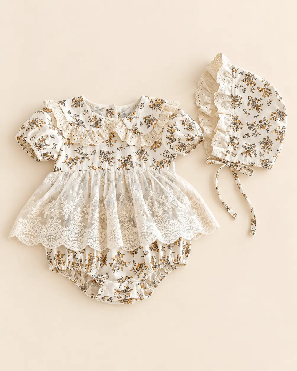 Vintage Floral Lace Baby Romper with Bonnet