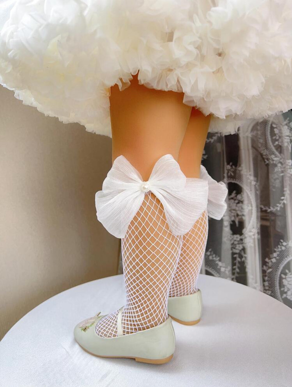 Pearl Beaded Bowknot Fishnet Socks 6 Months - 2 Year