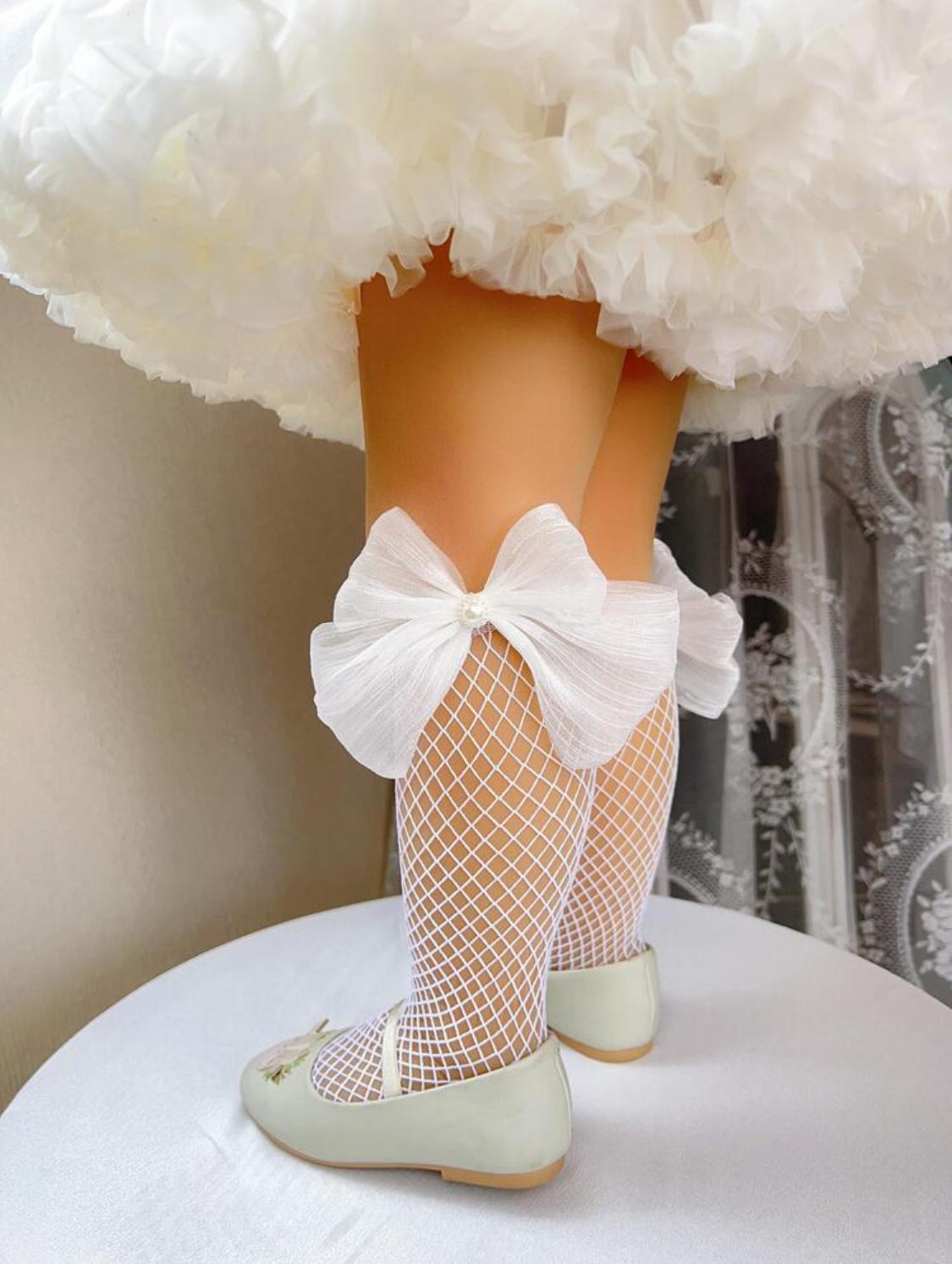 Pearl Beaded Bowknot Fishnet Socks 6 Months - 2 Year