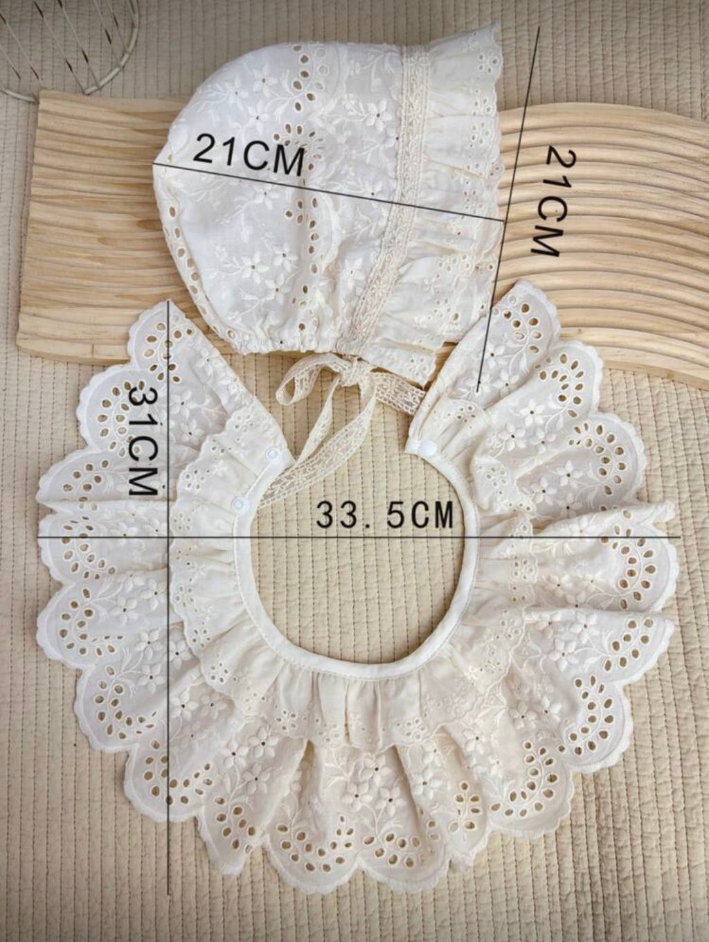 Vintage Cotton Lace Baby Bonnet & Ruffle Bib Set