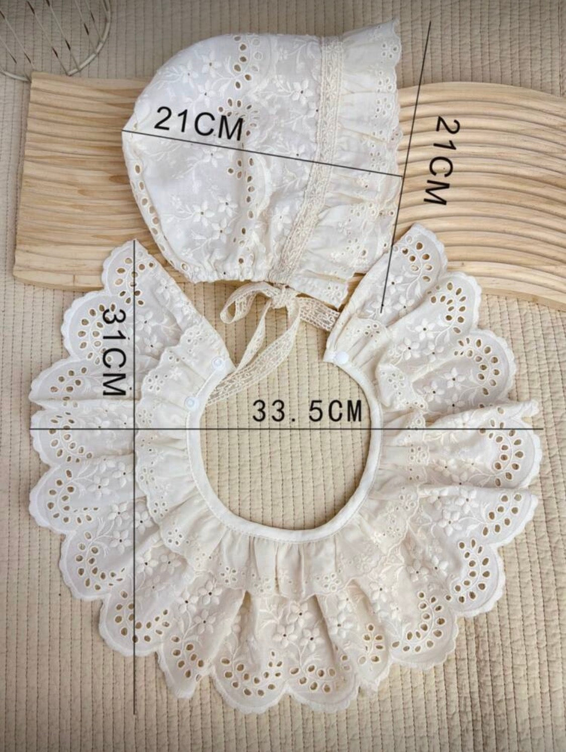 Vintage Cotton Lace Baby Bonnet & Ruffle Bib Set
