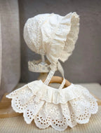 Vintage Cotton Lace Baby Bonnet & Ruffle Bib Set