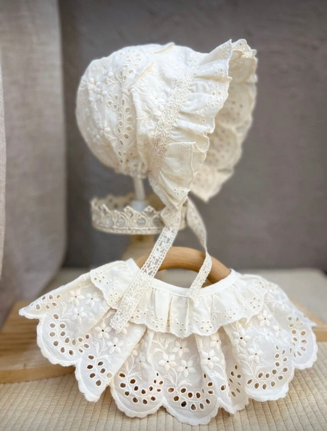 Vintage Cotton Lace Baby Bonnet & Ruffle Bib Set Hover Image