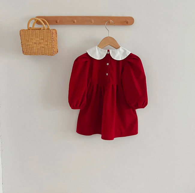 Puffed Sleeve Red Velvet Dress 1-2 Year Main Image