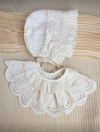 Vintage Cotton Lace Baby Bonnet & Ruffle Bib Set