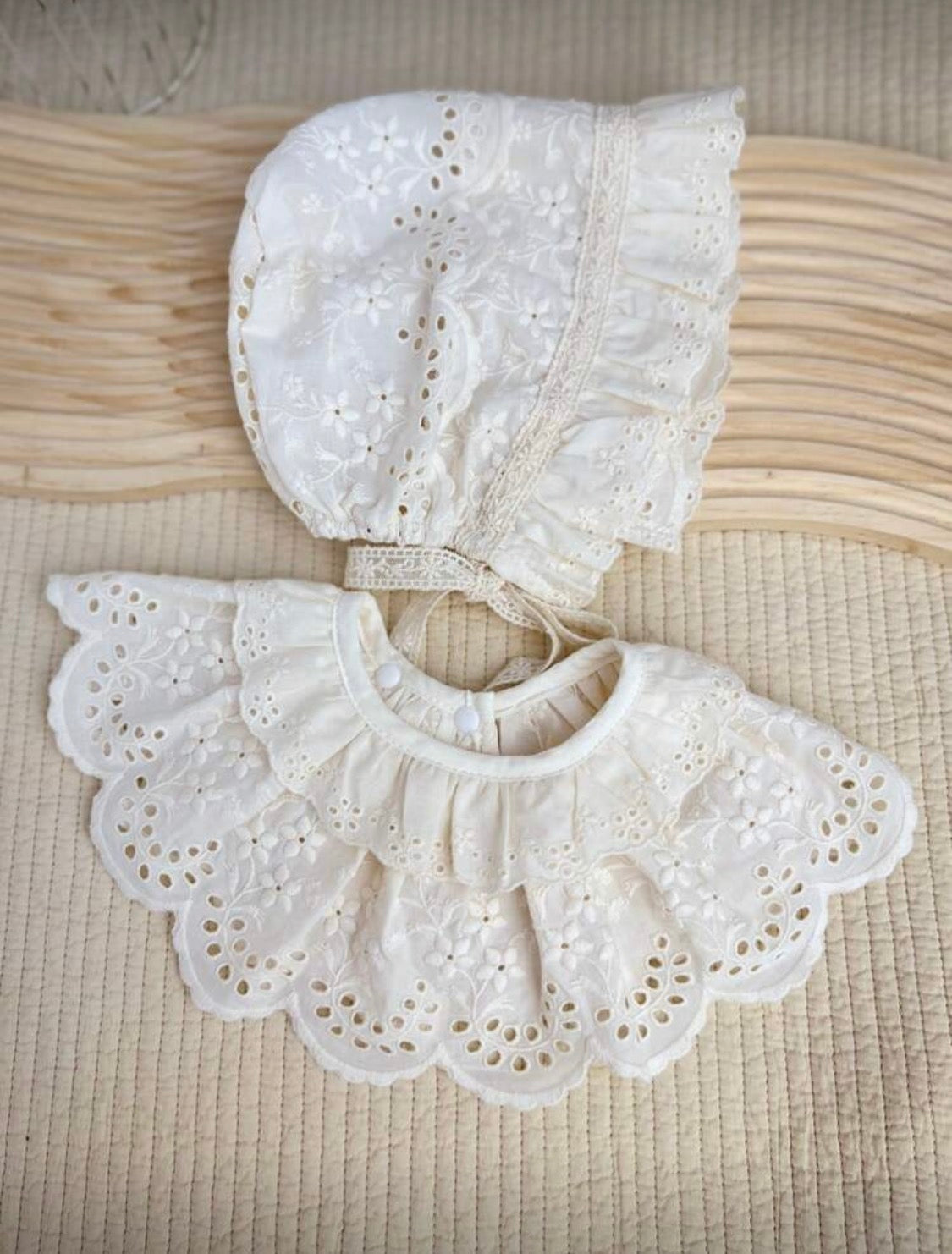 Vintage Cotton Lace Baby Bonnet & Ruffle Bib Set