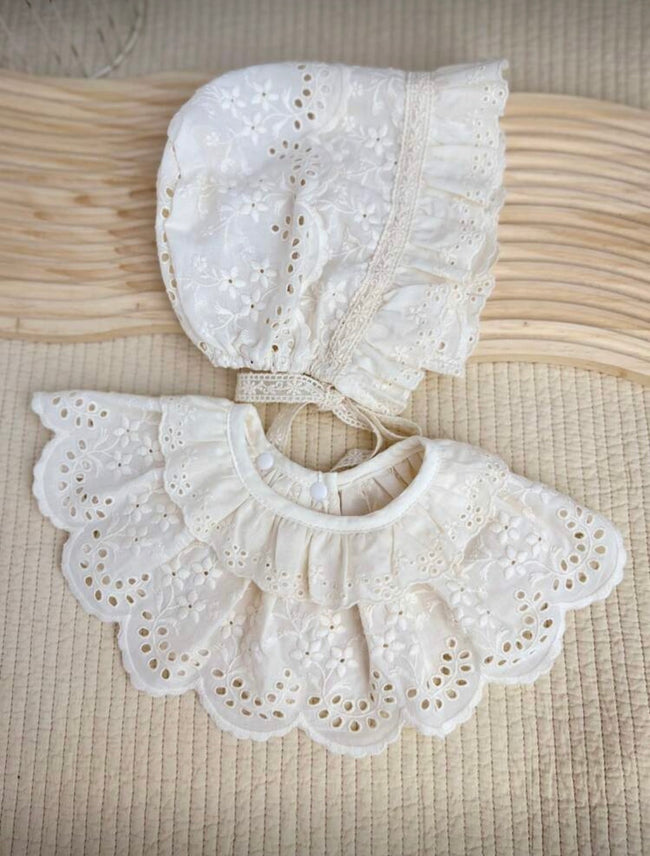 Vintage Cotton Lace Baby Bonnet & Ruffle Bib Set Main Image