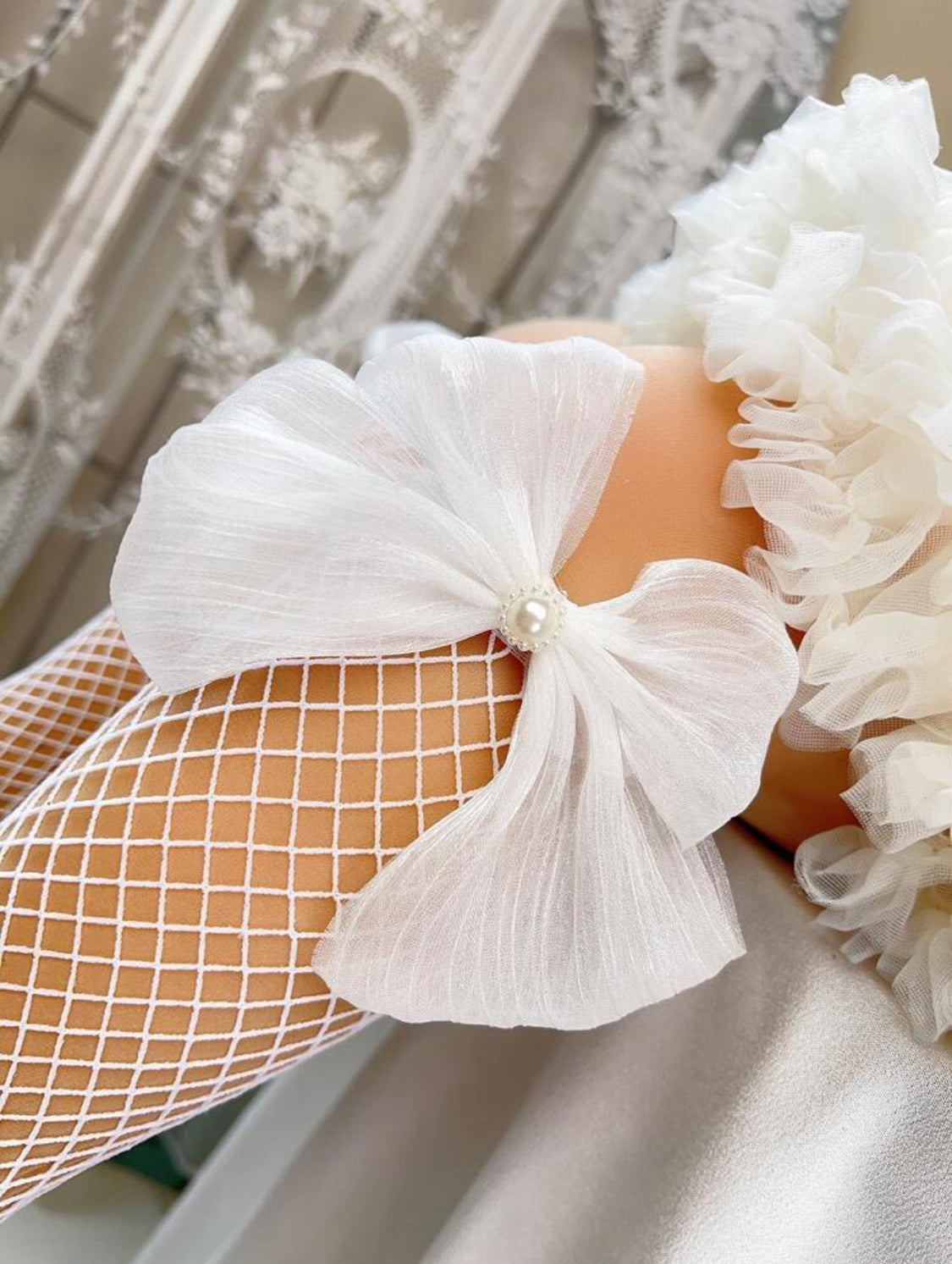 Pearl Beaded Bowknot Fishnet Socks 6 Months - 2 Year