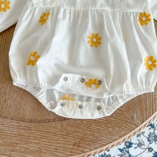 White Daisy Long Sleeved Baby Girls Bubble Romper 3-9 Months