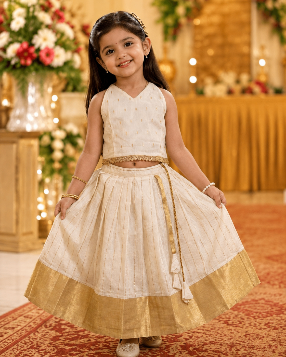Ivory & Gold Striped Festive Lehenga Set for Baby Girls