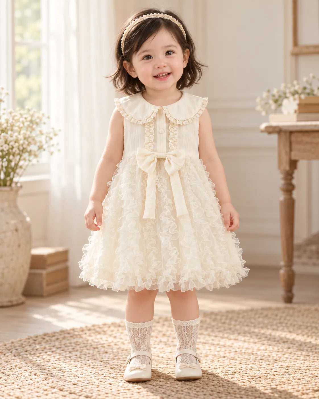 Elegant Ivory Bow Tulle Dress for Baby Girls