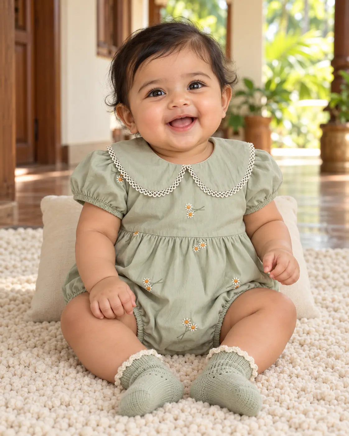 Daisy Bloom Embroidered  Olive Green Baby Romper