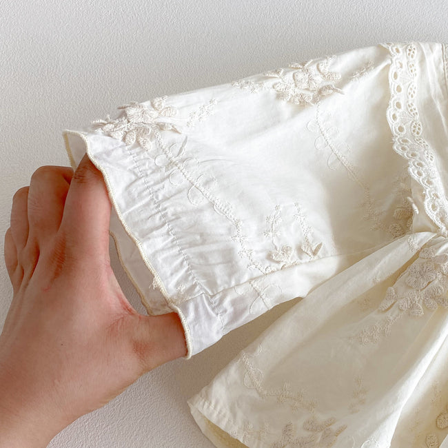 Ivory Floral Embroidered Cotton Romper Dress for Baby Girls Main Image