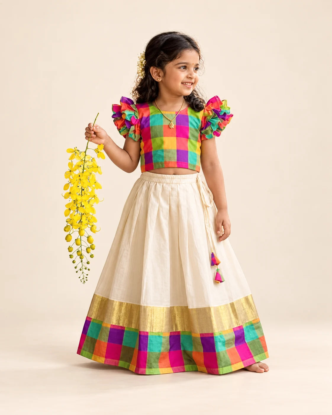 Rainbow Kasavu Onam Lehenga Set – Traditional Kerala Festive Wear for Girls