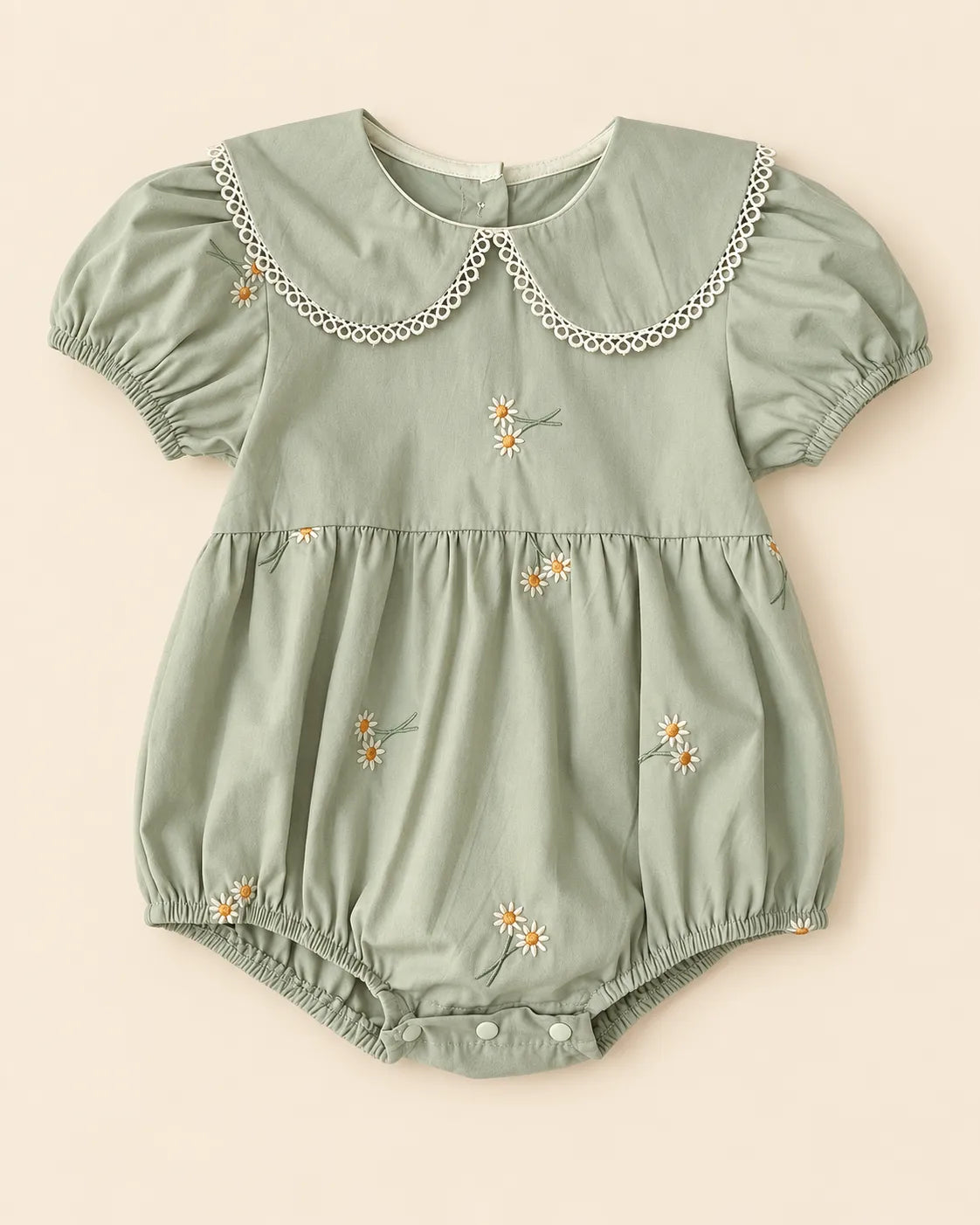 Daisy Bloom Embroidered  Olive Green Baby Romper