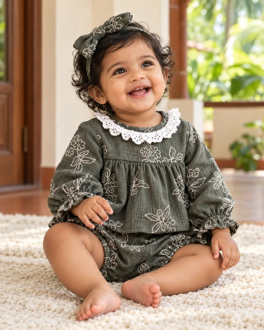 Olive Green Floral Embroidery Top Set