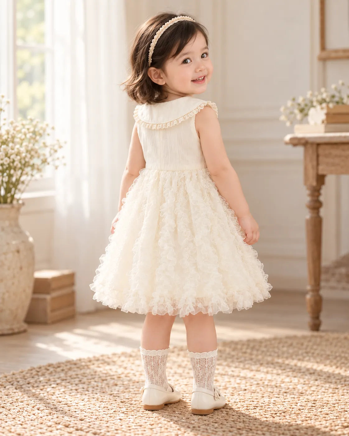 Elegant Ivory Bow Tulle Dress for Baby Girls