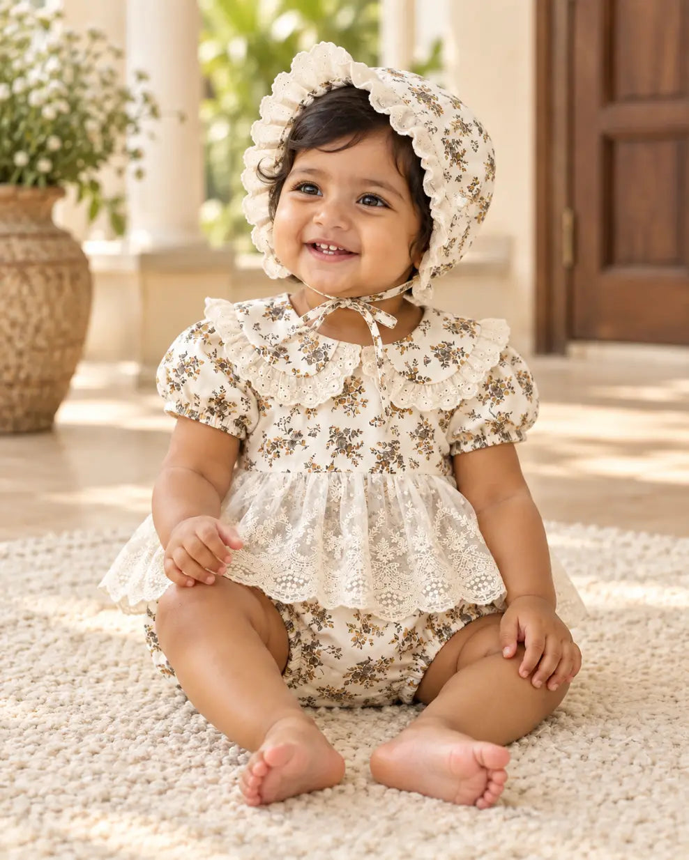 Vintage Floral Lace Baby Romper with Bonnet