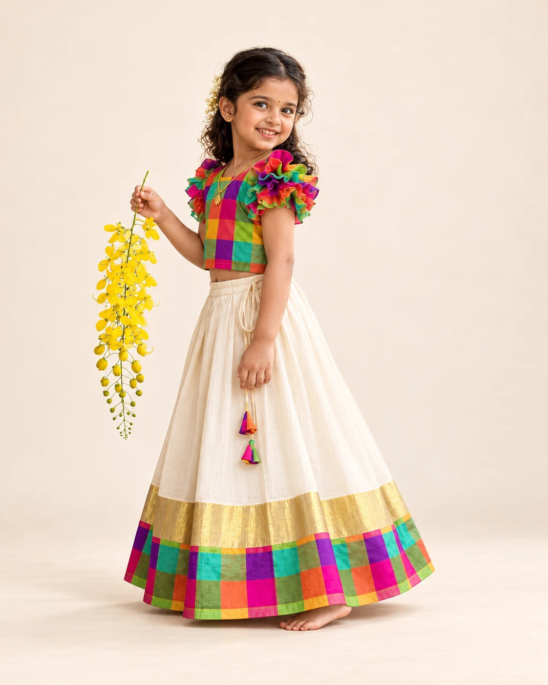 Rainbow Kasavu Onam Lehenga Set – Traditional Kerala Festive Wear for Girls