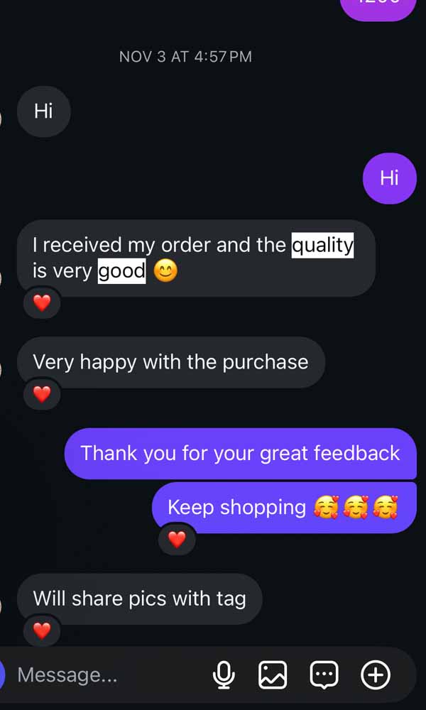 Customer message screenshot