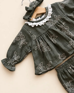 Dark olive green floral embroidered top and trouser set with white lace collar