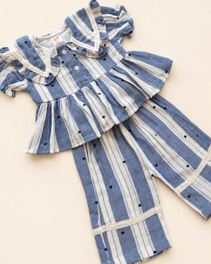 Striped girls frock set with heart motifs, ruffled sleeves, lace trim, and matching pants