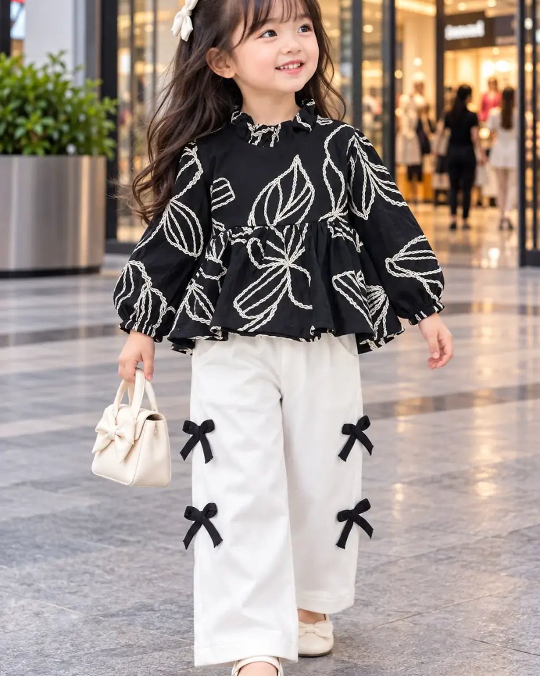 Child wearing a printed long-sleeve bow cord set with coordinating pants
