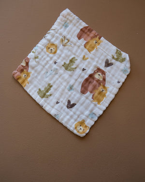 Six-layer white muslin baby face towel with assorted colorful printed designs