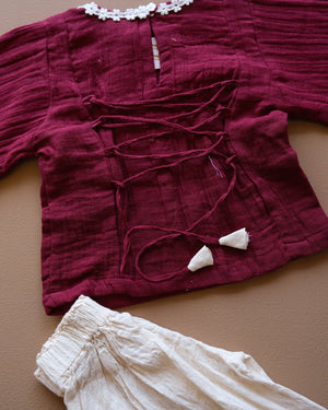 Girls' purple floral-trim top with coordinating off-white pants