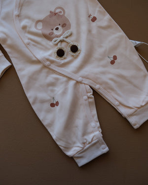 Long-sleeve baby cotton sleepsuit with bear and cherry prints