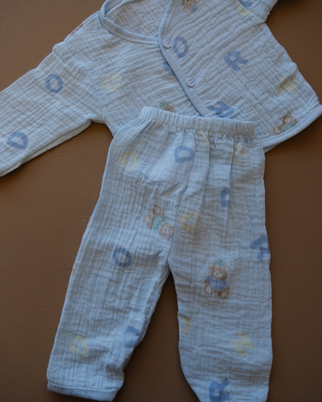 Pale blue baby clothing set with bear and letter prints