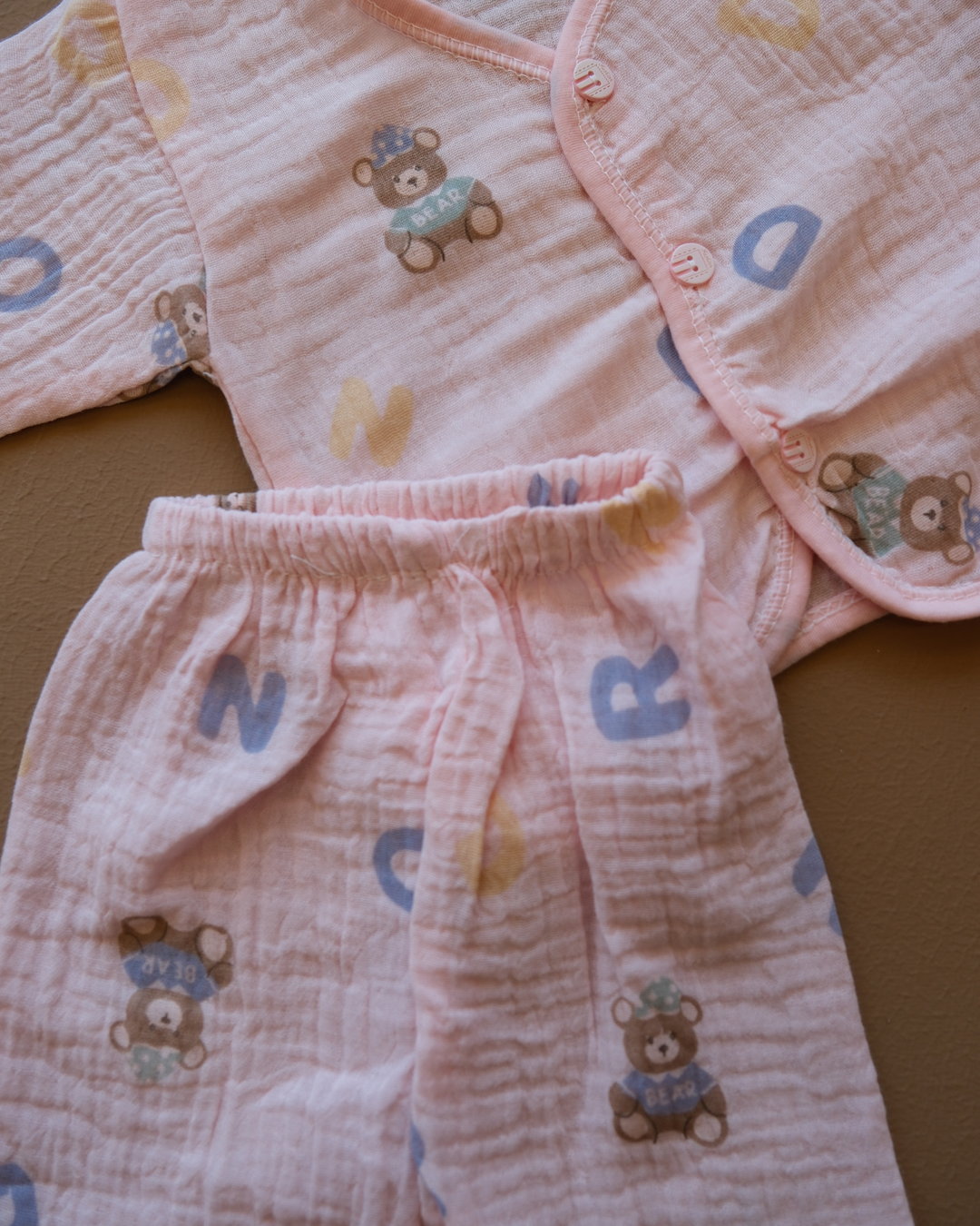 Pale blue baby clothing set with bear and letter prints