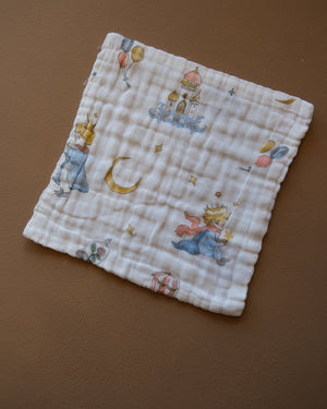 Six-layer white muslin baby face towel with assorted colorful printed designs